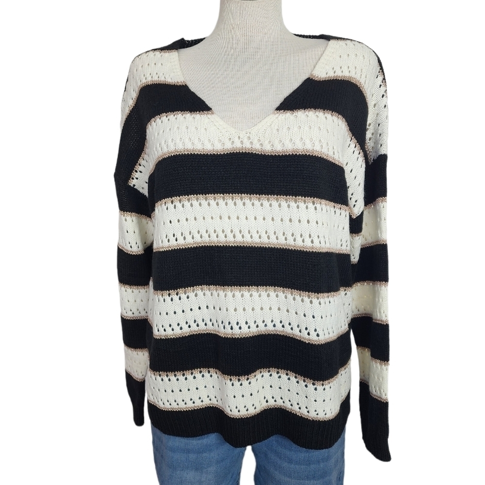 V Neck Knit Gold Thread Black & Cream Pullover Women's Sweater Size M